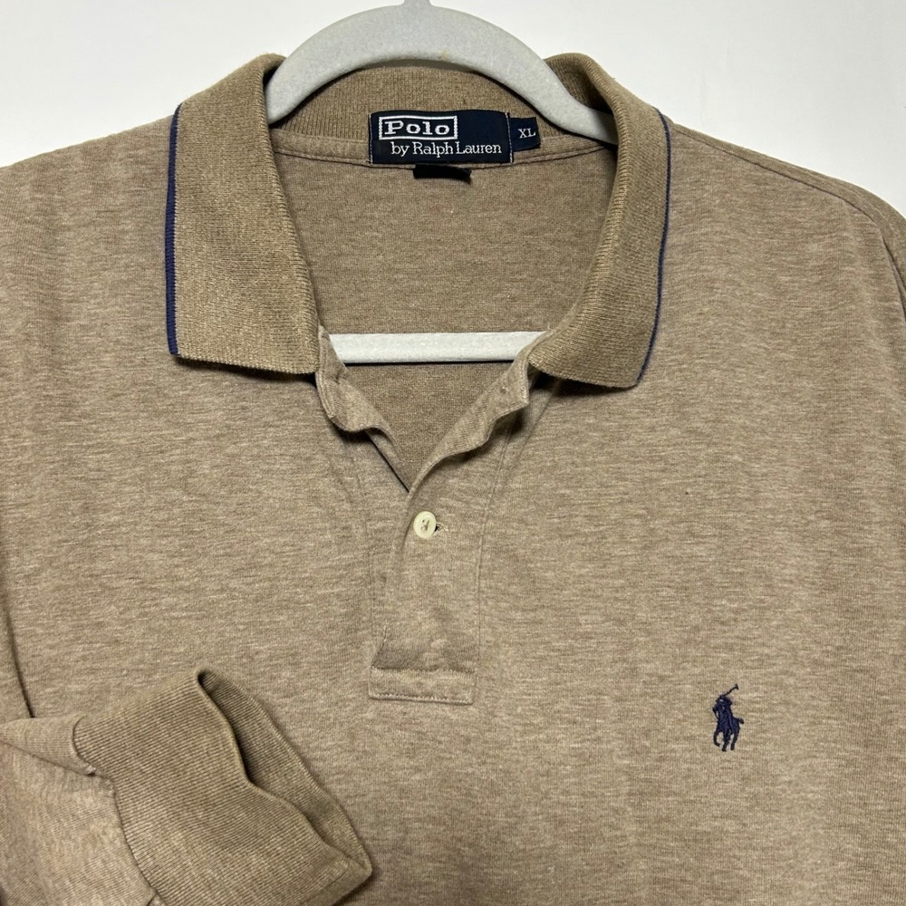 Vintage Polo Ralph Lauren Long Sleeve Polo Men XL Tan Navy Pony Logo Jersey